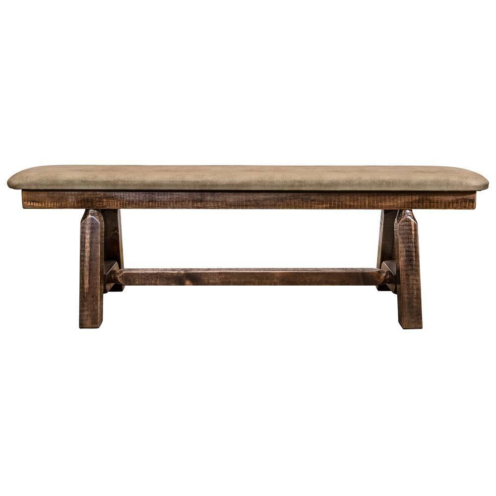 Homestead Collection 18 in. H Brown Wooden Bench with Buckskin Pattern Upholstered Seat, 5 ft. Length