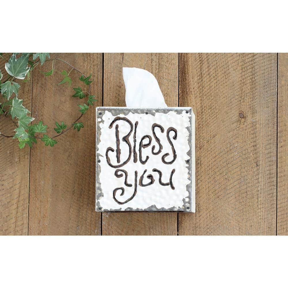 Creative Co-Op Wood & Metal "Bless You" Tissue Box Cover