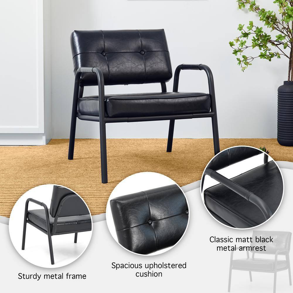 Mid-Century Modern Leatherette Arm Accent Chair Frosted Black Metal Frame Black - Glitzhome