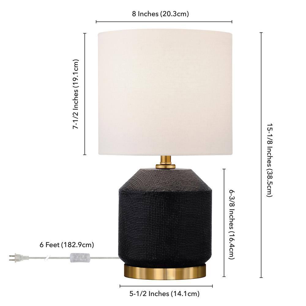 Evelyn&Zoe Esther 15" Tall Textured Ceramic Mini Lamp with Fabric Shade, Matte Black/Antique Brass/White