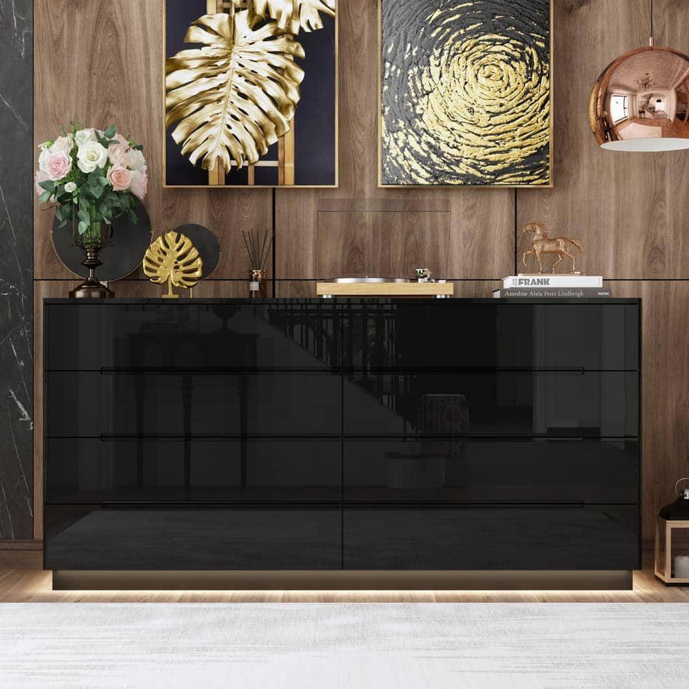 Black 8-Drawer 63 in. W Wood Double Dresser Chest of Drawers Bedroom Storage Organizer in With High Gloss and LED Lights