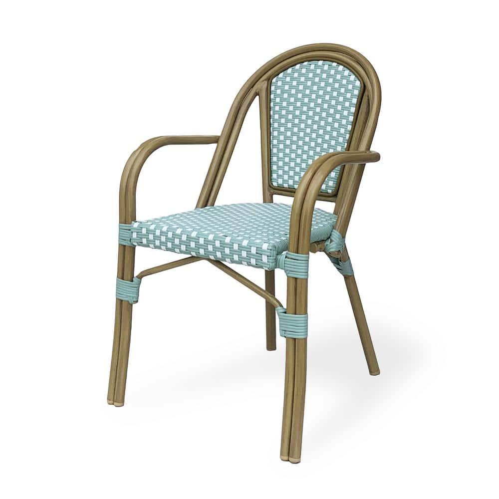 Cecil Aluminum and Wicker Outdoor French Bistro Chairs, Set of 2, Light Teal, White, and Wood Print