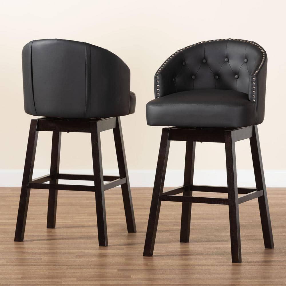 Baxton Studio Avril Modern and Contemporary Black Faux Leather Tufted Swivel Barstool with Nail heads Trim (Set of 2)