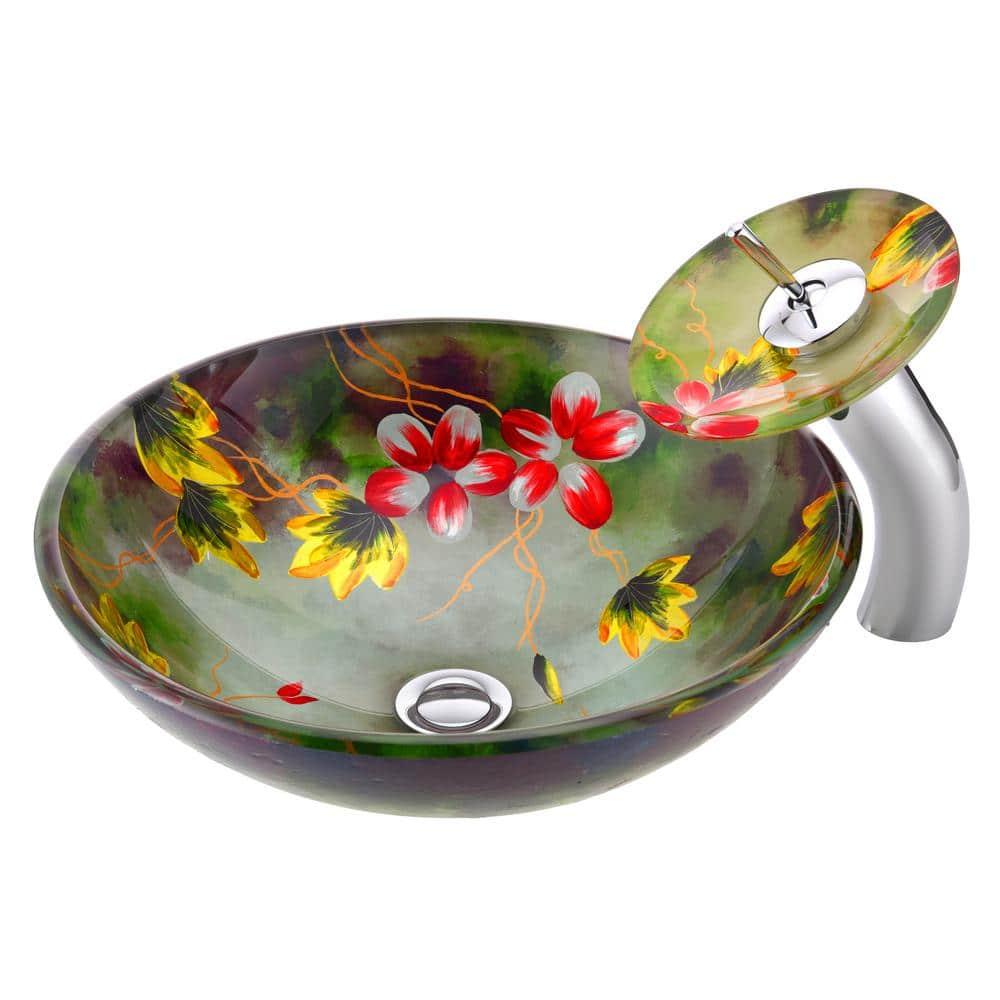ANZZI Impasto 15.5'' Green Tempered Glass Circular Bathroom Sink with Faucet
