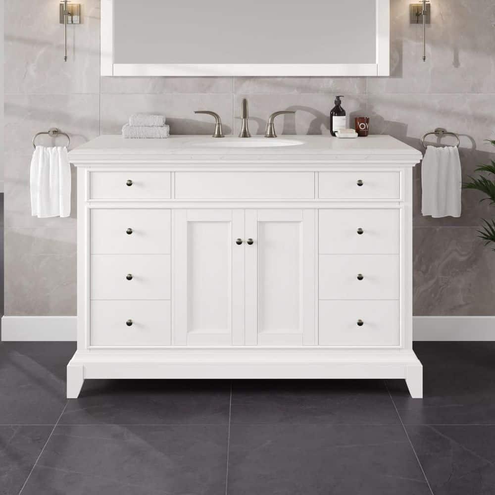 Eviva Elite Stamford . White Single Sink Bath Vanity With Carrara Quartz Top And Undermount Porcelain Sink