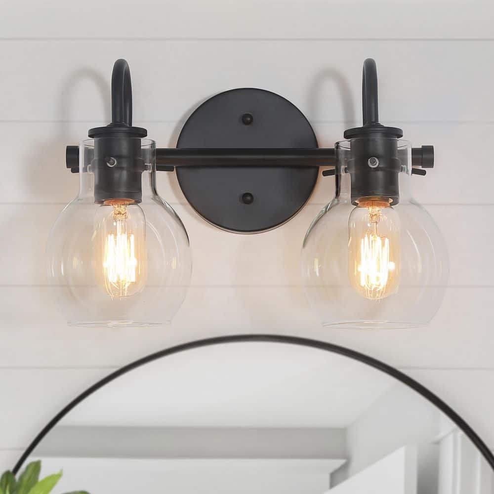 13" Black Metal Vanity Light with Clear Glass Globe Shades