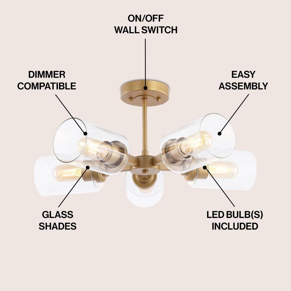 Jaynie 21.5" 5-Light Farmhouse Industrial Iron Cylinder LED Semi Flush Mount, Brass Gold/Clear