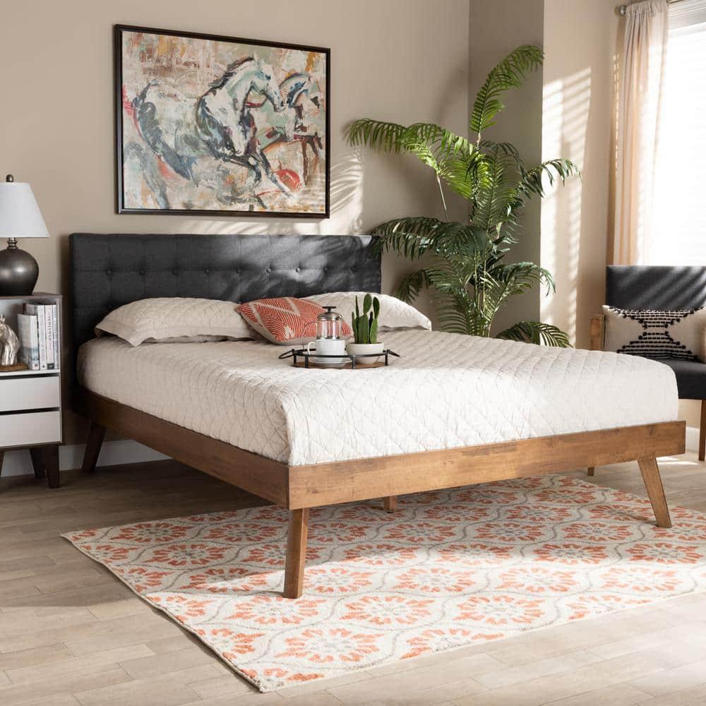 Baxton Studio Queen Devan Fabric Upholstered Walnut Finished Platform Bed Dark Gray: Mid-Century Modern, No Box Spring Needed