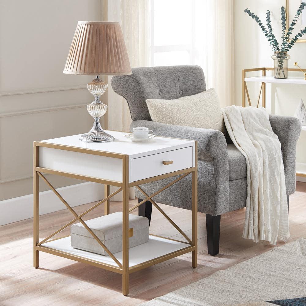 Leick Home Claudette Mixed Metal and Wood 1-Drawer End Table with Shelf, White/Gold