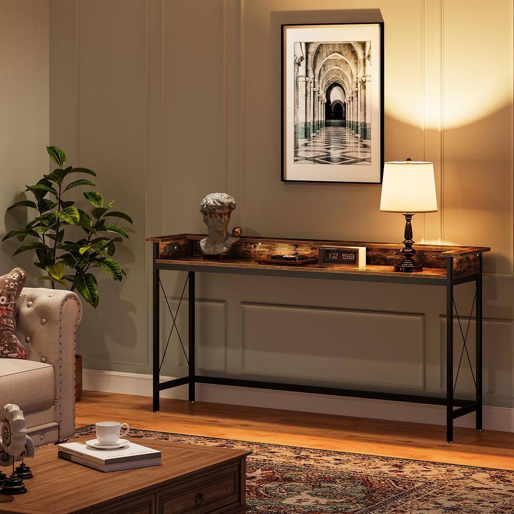 Tribesigns Sofa Table with Outlets and USB Ports, 70.9 inch Console Table, Industrial Entryway Hallway Accent Table for Living Room,Brown & Black