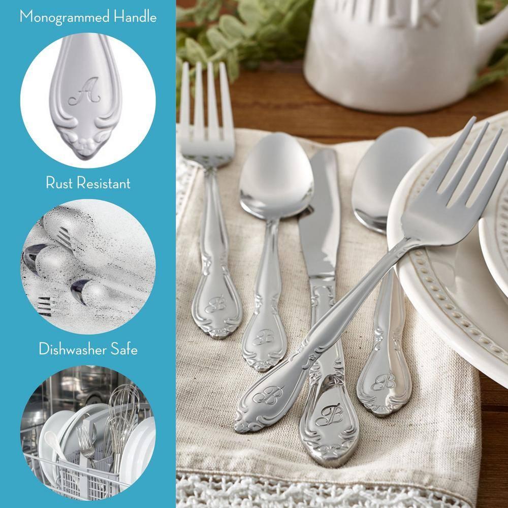 RiverRidge Rose Flatware 46pc Monogrammed Stainless Steel Silverware Set - U: Service for 8, Forks Spoons Knives Set