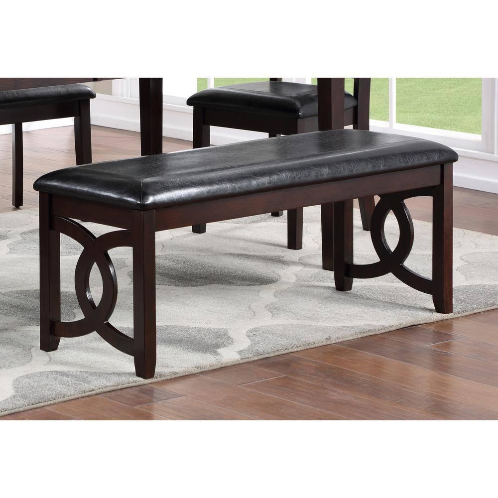 Furniture Gia 46" Solid Wood and Faux Leather Bench in Ebony Black