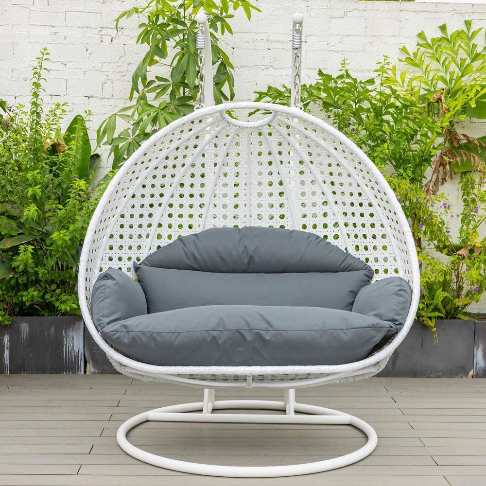 LeisureMod Modern Beige Wicker Hanging Double Seater Egg Swing Chair with Cushion, Dark Grey - Indoor/Outdoor Patio Swing