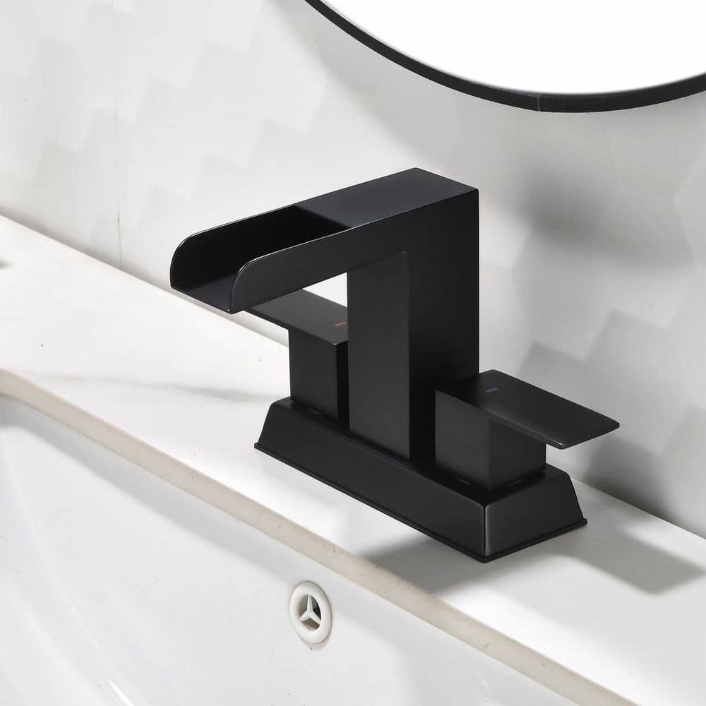 SHACO Black 4 Inch Centerset Bathroom Faucets 3 Hole or 2 Hole, Matte Black 2 Handle Waterfall Vanity Faucet, Lavatory Mixer Tap RV Sink Faucet with Overflow Pop Up Drain and Hose, SC-ZT907B-NEW1