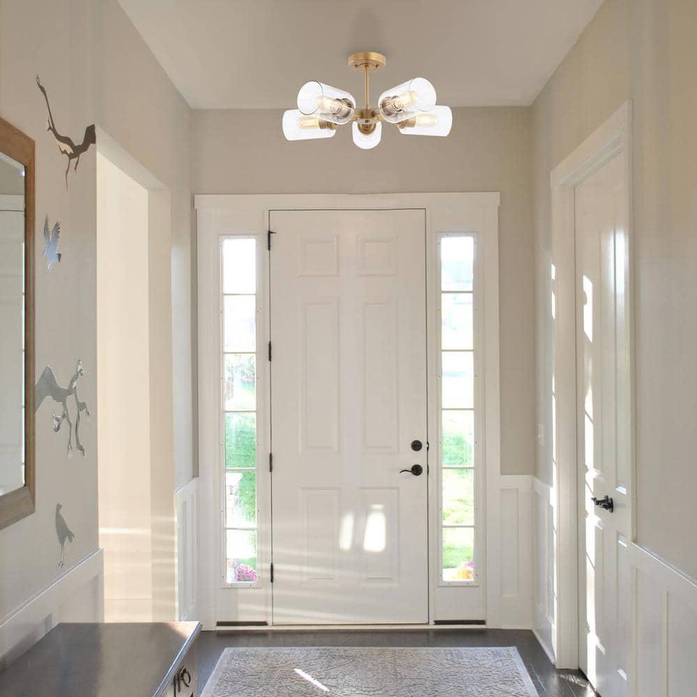 Jaynie 21.5" 5-Light Farmhouse Industrial Iron Cylinder LED Semi Flush Mount, Brass Gold/Clear