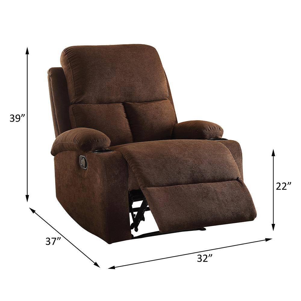 Rosia Linen Recliner Chocolate - Acme Furniture: Microfiber, Cup Holders, Wood Frame