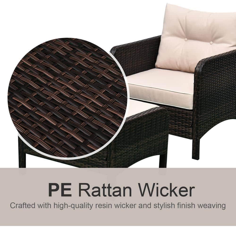 Outsunny 5 Piece Rattan Wicker Lounge Chair, Outdoor Patio Conversation Set with 2 Cushioned Chairs, 2 Ottomans & Top Coffee Table, Brown