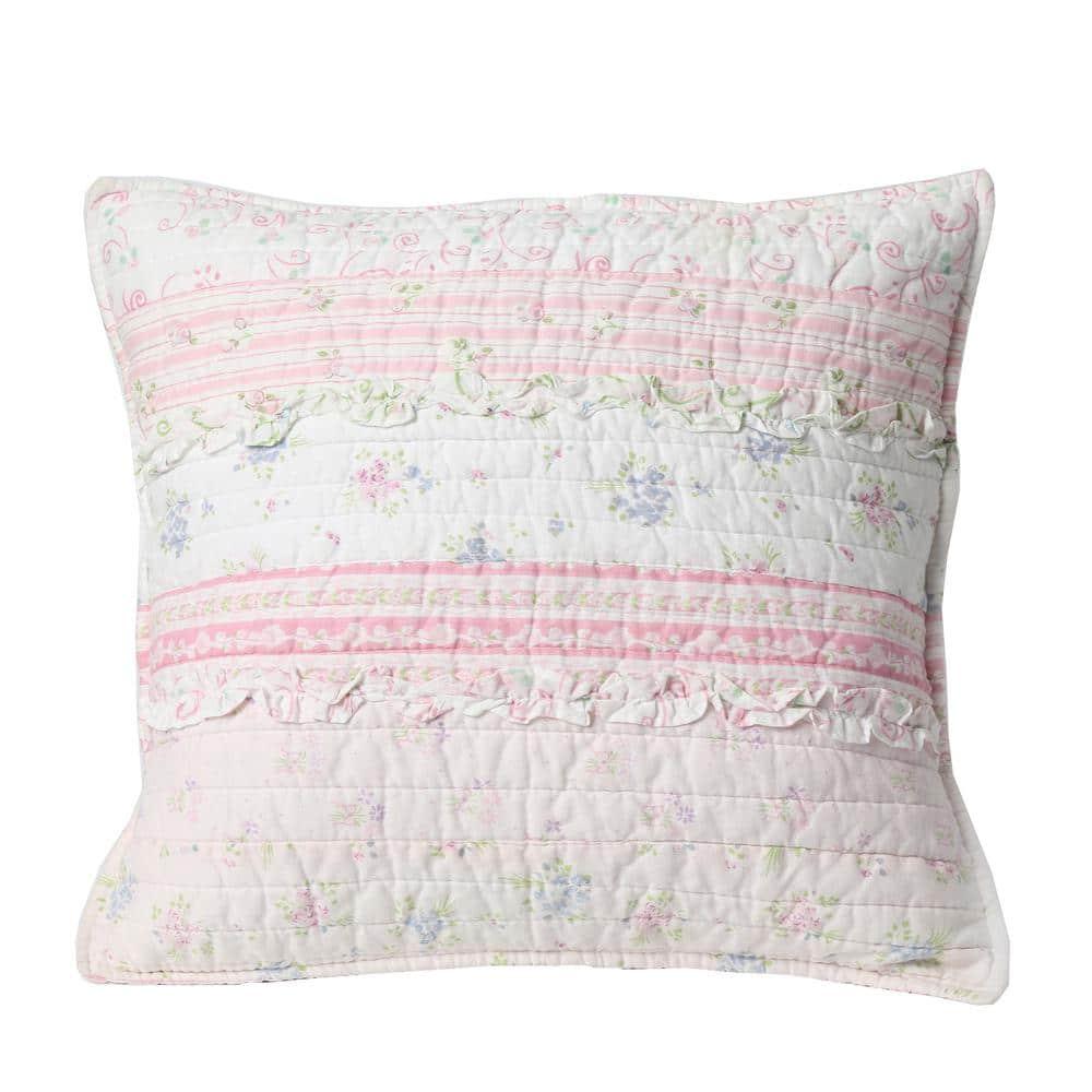 Pink Rose Peonies Ruffle 4-Piece Pink Floral Stripe Cotton Bedding Set with Decor Pillow King Quilt Set