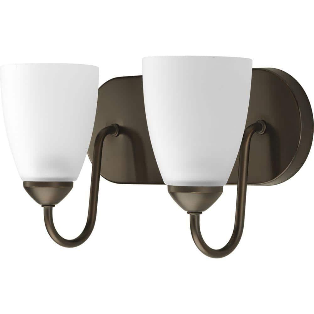 Progress Lighting Gather 2-Light Bath Bracket, Ceramic, Antique Bronze, Etched Glass Shade