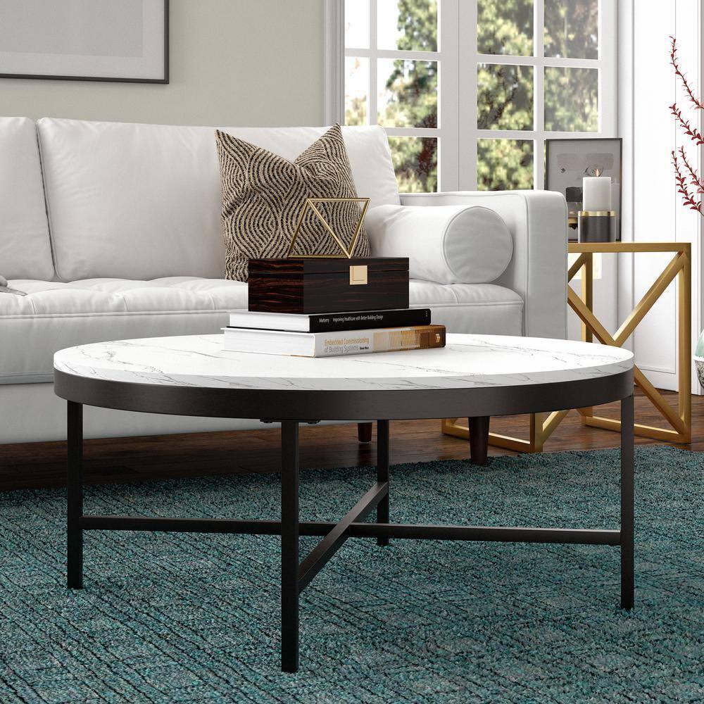 Evelyn&Zoe Xivil 36" Wide Round Coffee Table with Faux Marble Top in Blackened Bronze/Faux Marble