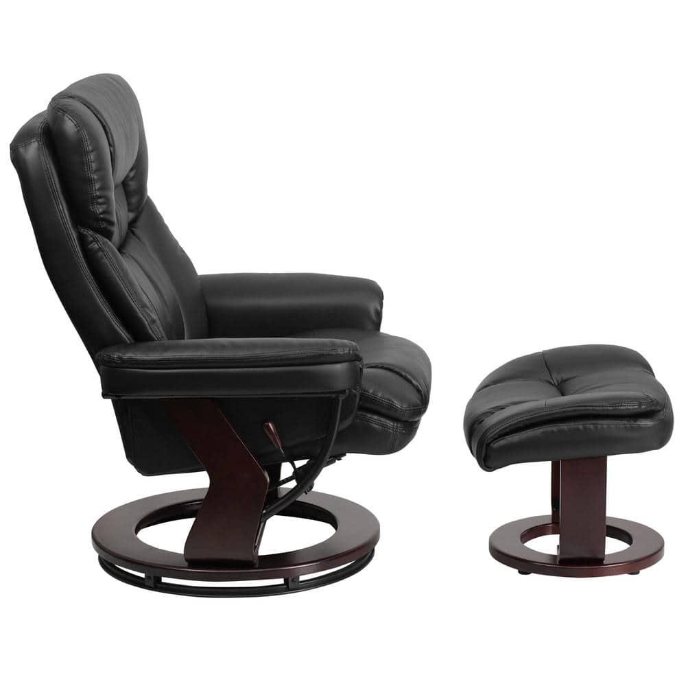 Flash Furniture Contemporary Multi-Position Recliner and Curved Ottoman with Swivel Mahogany Wood Base in Black LeatherSoft