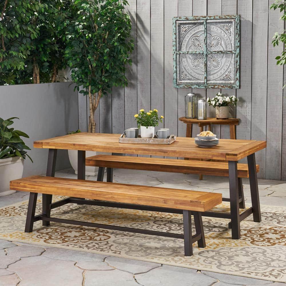 Cole Outdoor Acacia Wood Picnic Dining Set, Teak, Rustic Metal