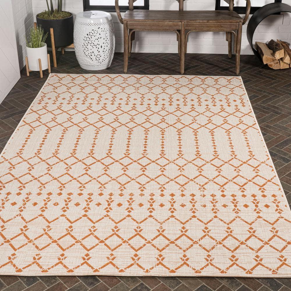 3' x 5' Ourika Moroccan Geometric Textured Weave Indoor/Outdoor Area Rug, Cream/Orange - JONATHAN Y