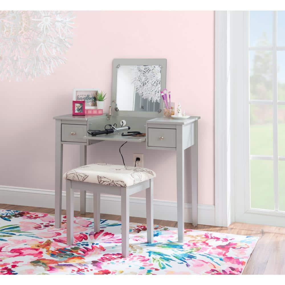 Traditional Wood Flip Up Mirror Drop Drawer Butterfly Vanity and Stool Silver - Linon