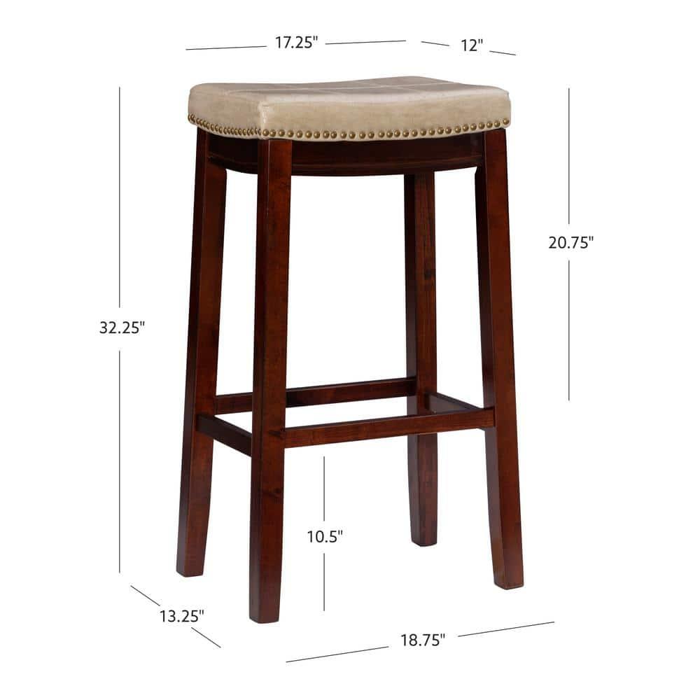 Linon Claridge Backless Faux Leather Nailhead Saddle Barstool Beige : Upholstered, Rubberwood Legs, Fixed Height
