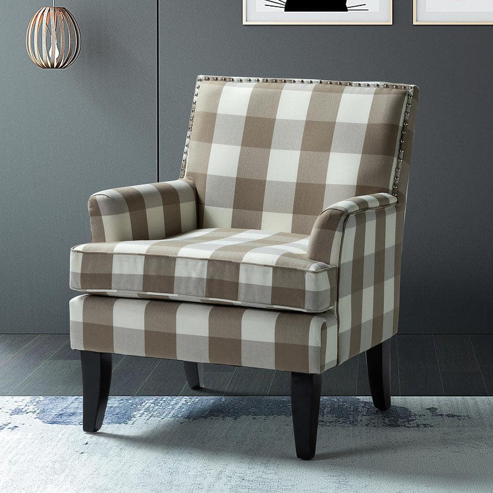 Upholstery Armchair Accent Chair Sofa Couch Wood Legs Nailhead Trim Home Living Room Bedroom Plaid Grey White