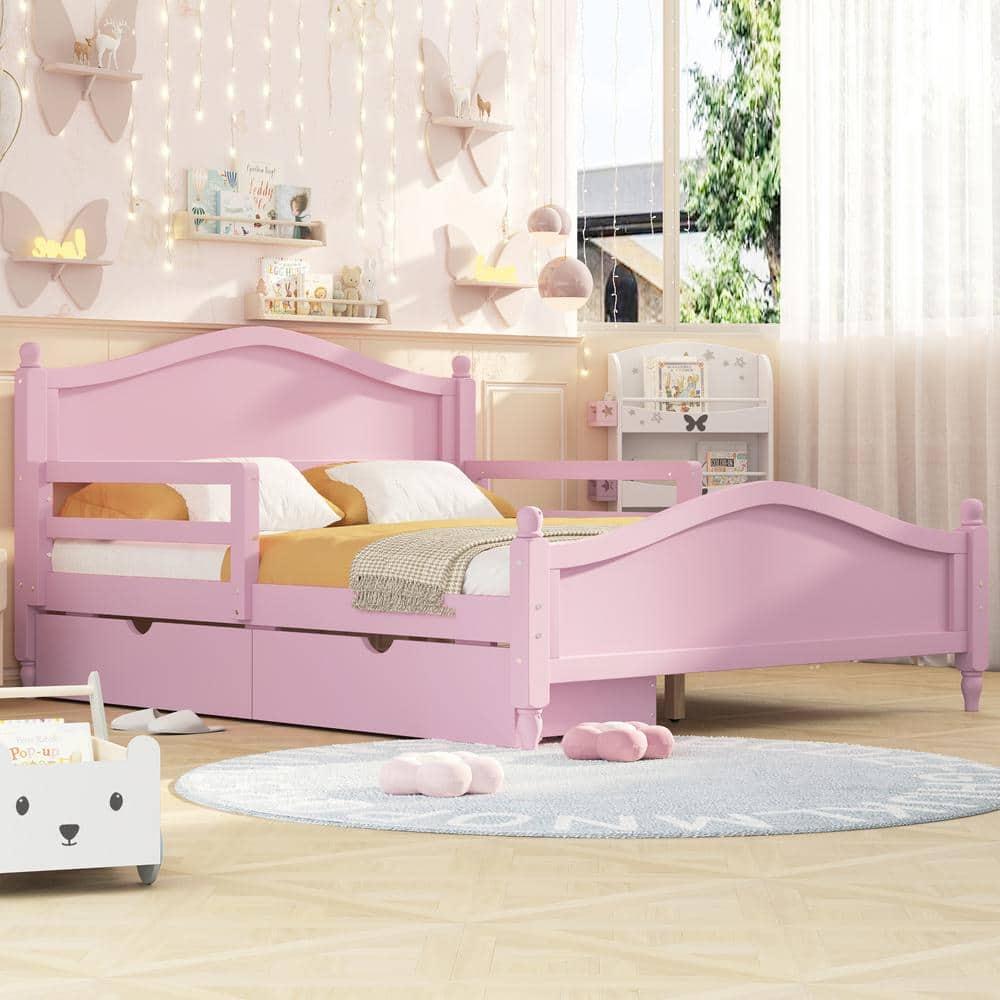 Harper & Bright Designs Kids Full Storage Bed Frame with 2 Drawers and Rails, Wood Platform Beds with Headboard and Footboard, Full Size Bed with Slat Support for Boys Girls,No Box Spring Needed,Pink