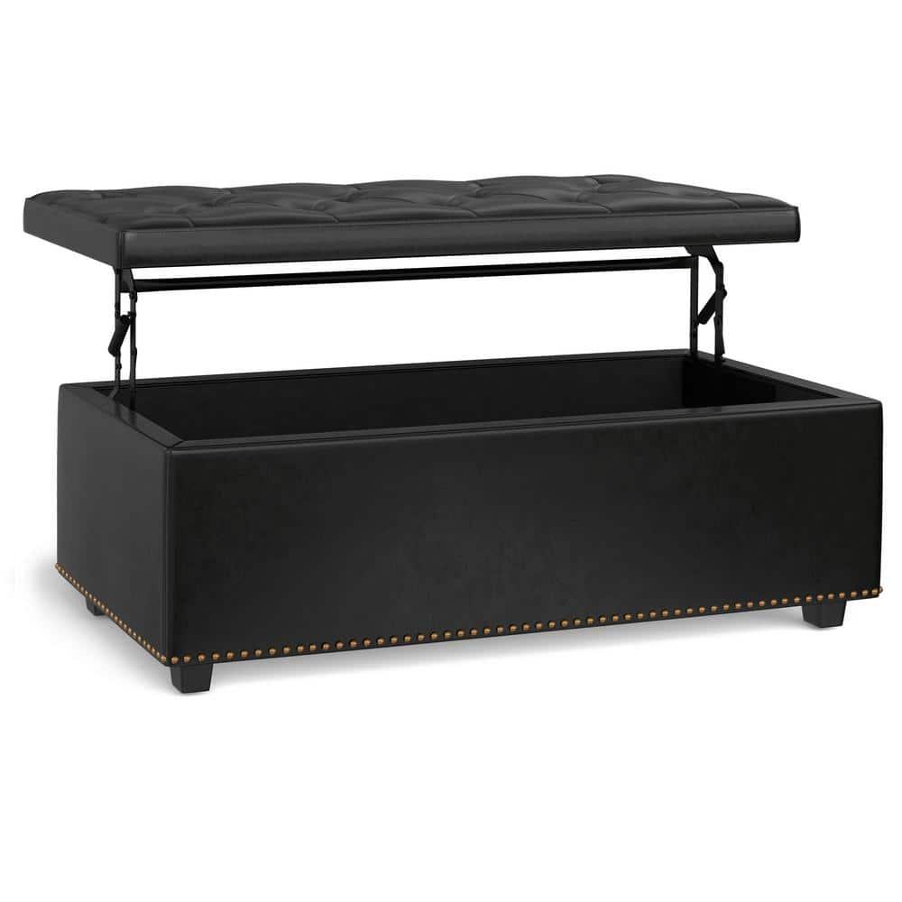 Simpli Home Hamilton 44"W Upholstered Lift-Top Storage Ottoman with Nailhead Trim and Tufted Detailing