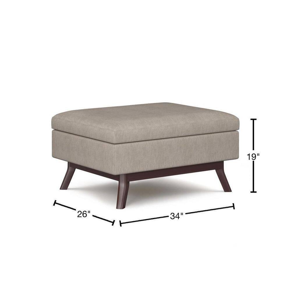 Simpli Home Owen 34"W Upholstered Coffee Table Storage Ottoman with Lift Top and Solid Wood Legs