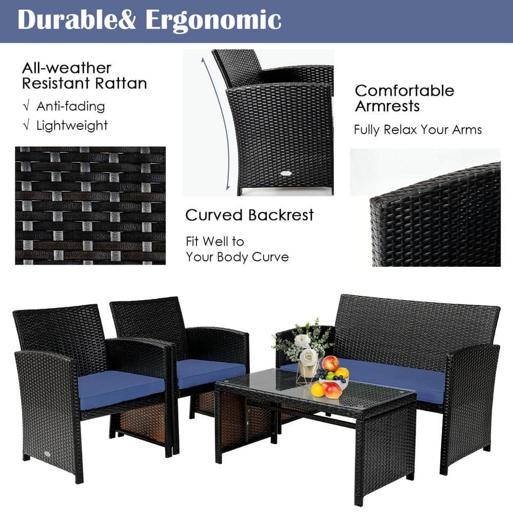 Resenkos 4 Pieces Outdoor Rattan Furniture Set, Wicker Furniture Sets, Patio Conversation Sets with Coffee Table Cushioned Sofa-Red