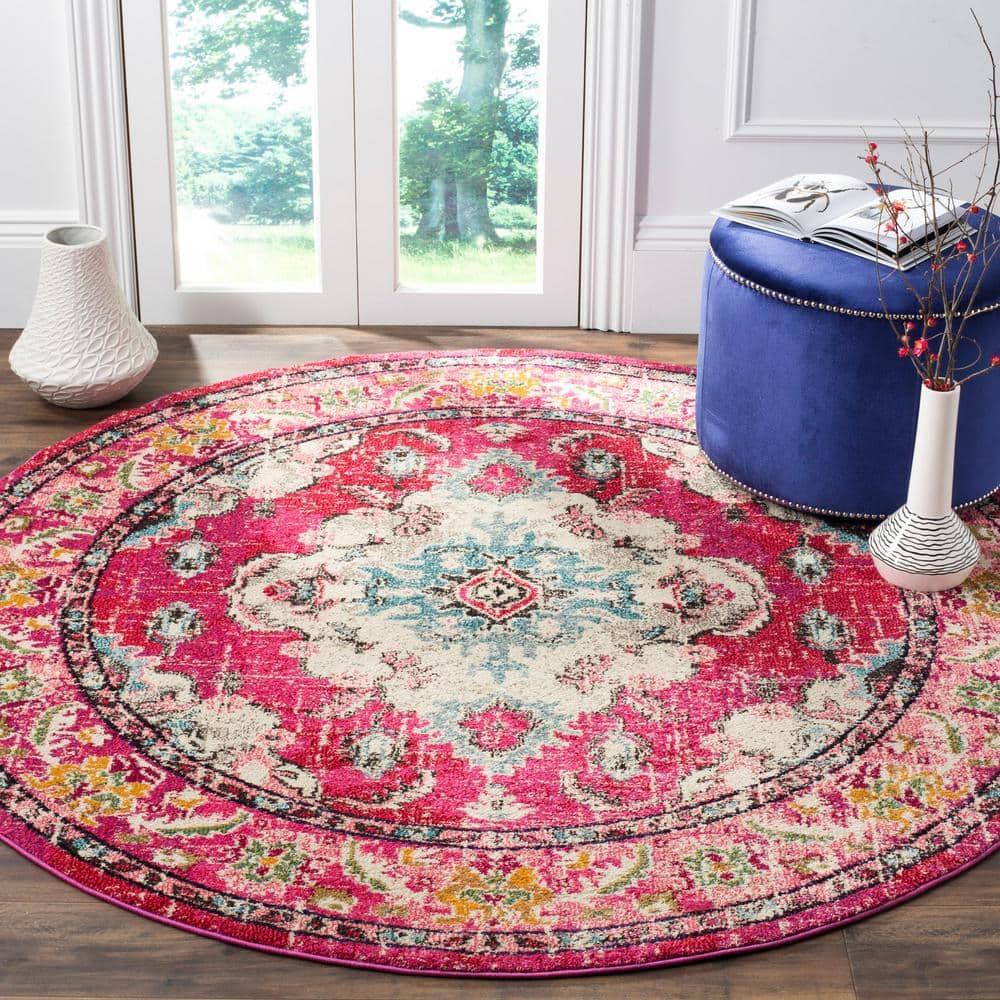 Monaco MNC243 Power Loomed Indoor Area Rug - Pink/Multi - 5' Round - Safavieh