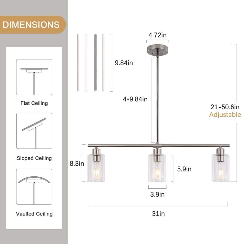 Delmis 3 - Light Kitchen Island Pendant Rustic Linear Chandelier with Clear Glass Shades