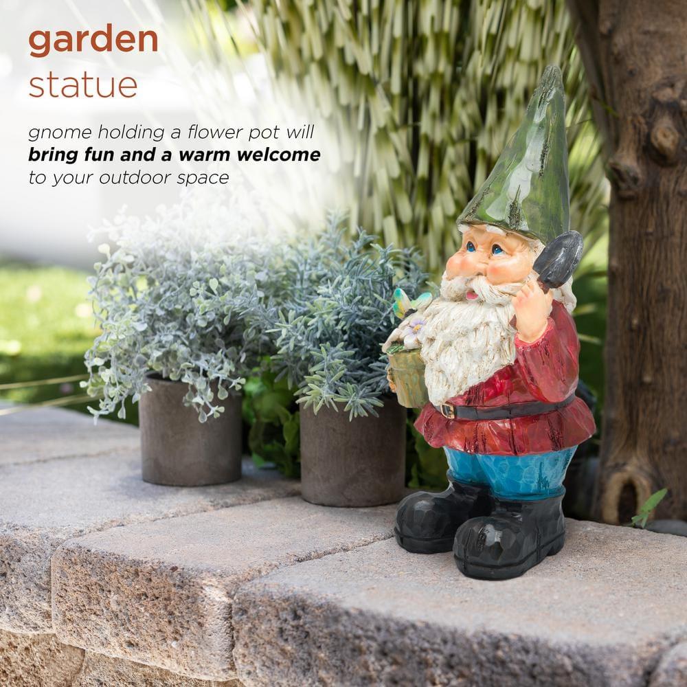12" Polyresin Gnome With Flower Pot Statue - Alpine Corporation: Outdoor Decorative Sculpture for Patio & Garden