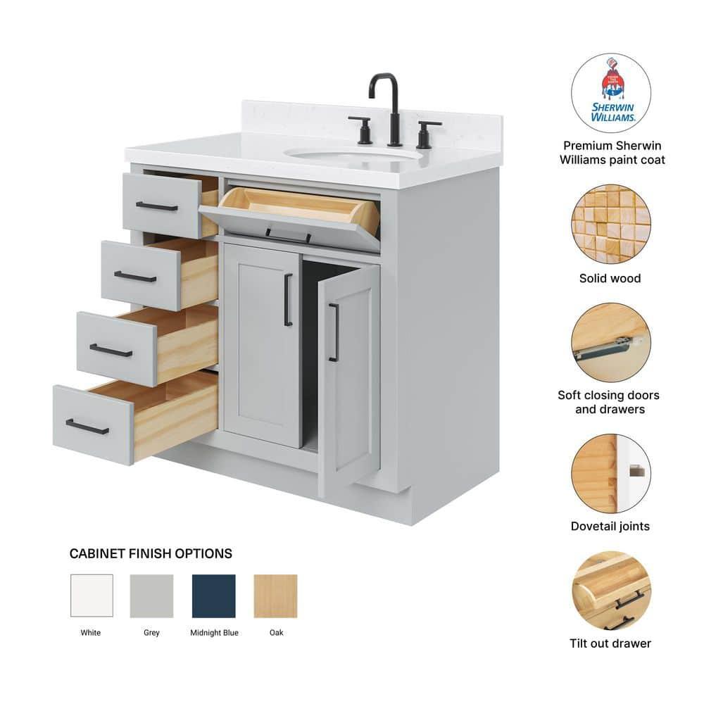 Thornaby 36'' Solid Wood Single Bathroom Vanity with 1.5'' Carrara Quartz Top, Left Offset Oval Sink