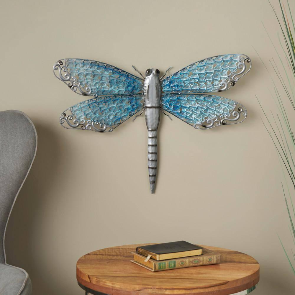 Blue and Grey Metal Dragonfly Wall Sculpture for Indoor/Outdoor