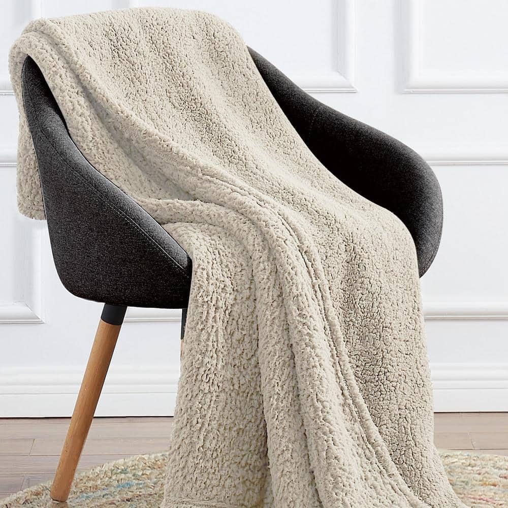 My World Sherpa Knit Fleece Throw Blanket, Ivory Off-White, Standard Throw
