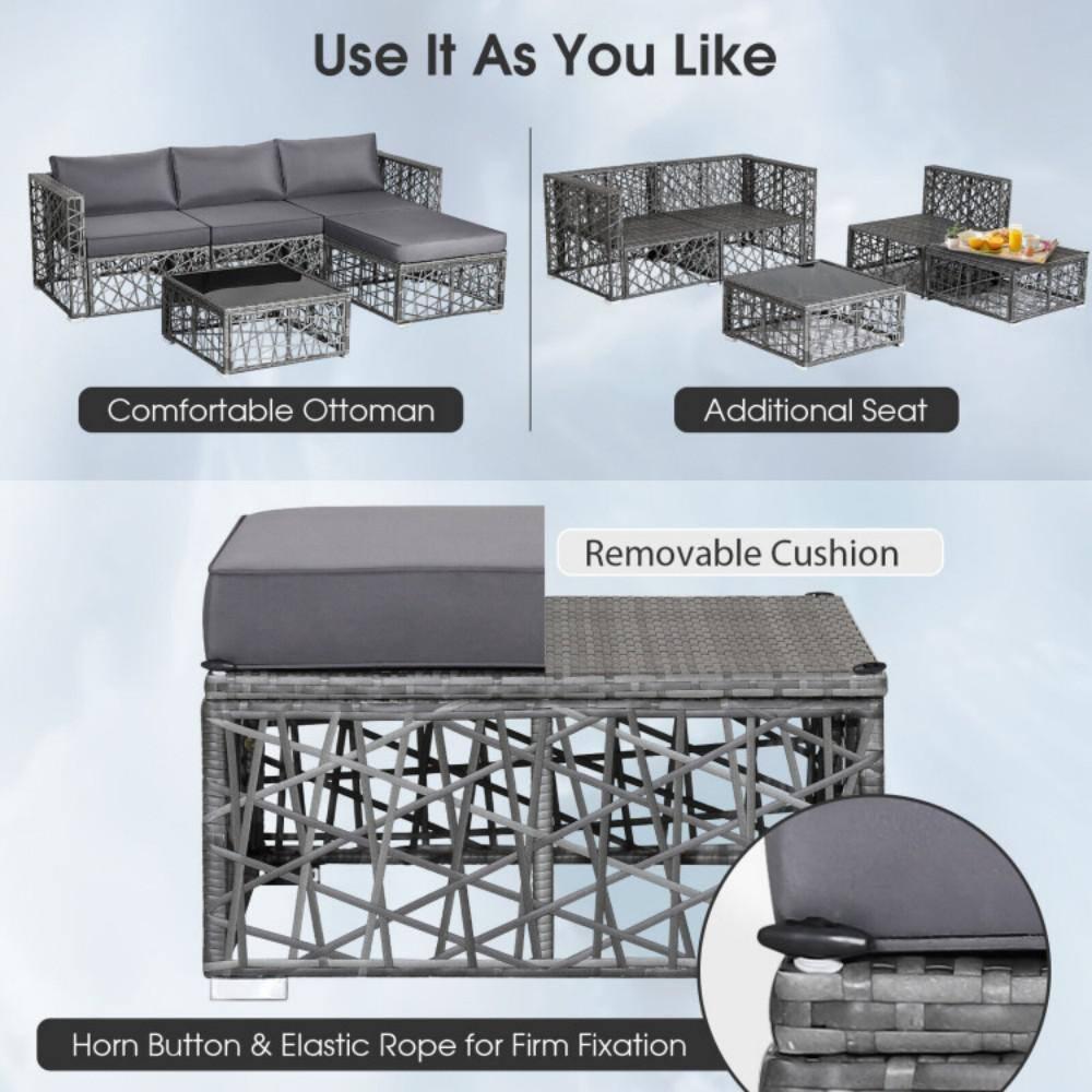 Costway 5 Pieces Patio PE Rattan Wicker Sofa Furniture Set Cushioned  Outdoor Grey