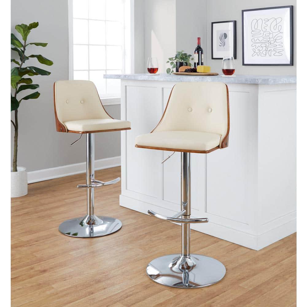 Set of 2 Gianna Adjustable Barstools: Chrome/Walnut/Cream, Swivel, Faux Leather - LumiSource