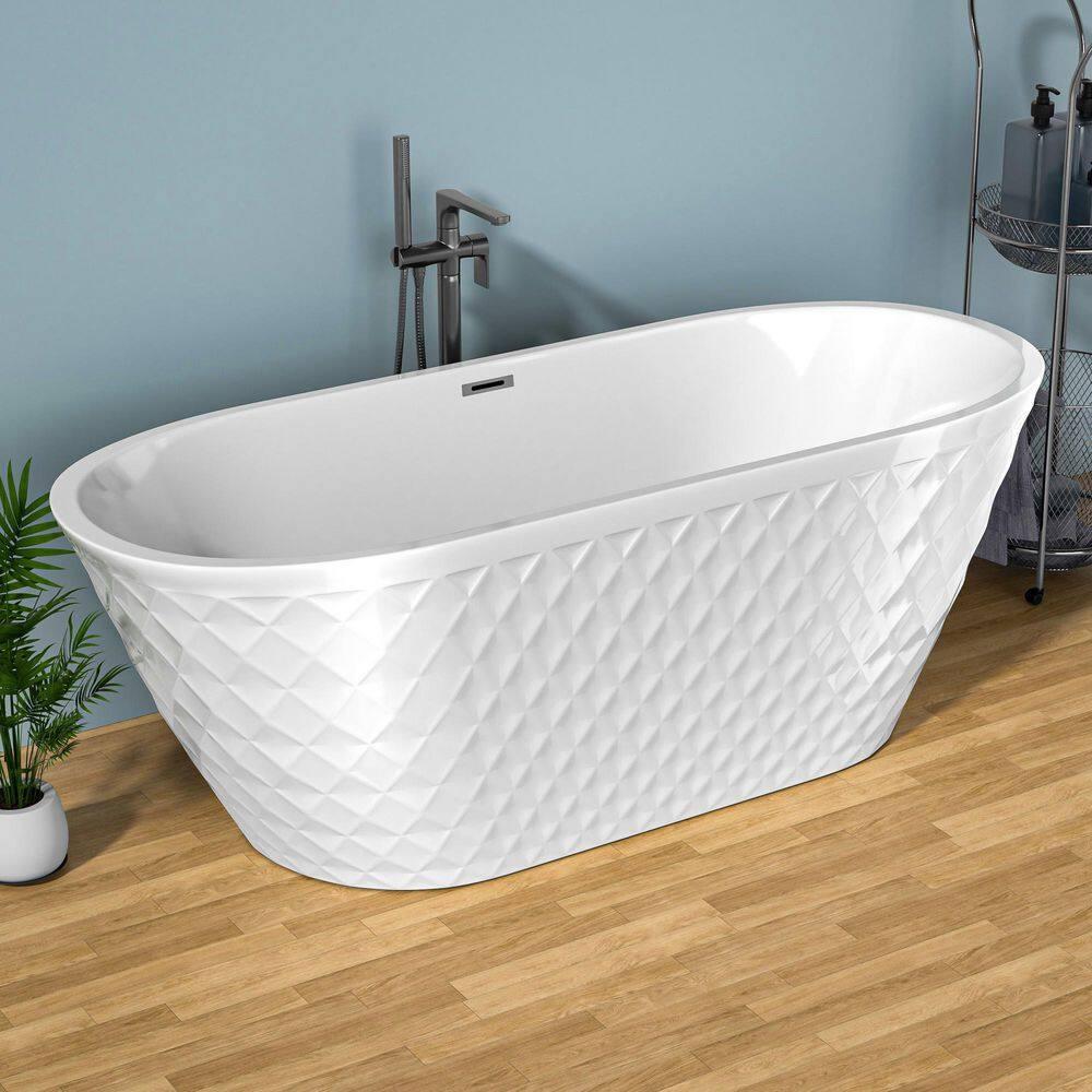 Aguamaph 67" x 31" Acrylic Freestanding Bathtub with Diamond Wave Pattern with Chrome Drain & Overflow T7052886731CW