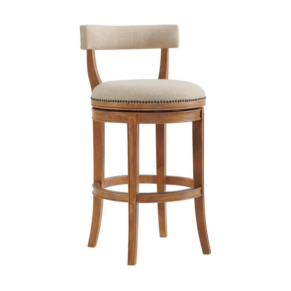 Alaterre Hanover Swivel Bar Height Stool, Weathered Brown and Beige, Solid Rubberwood Frame with Faux Linen Upholstered Seat, Nailhead Trim, Memory Return Swivel, 20 in. W x 22 in. D x 41 in. H
