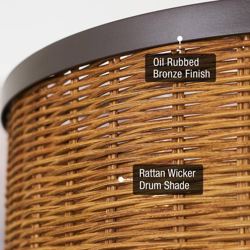 Kira Home Zora 15" 3-Light Modern Semi Flush Mount Ceiling Light + Rattan Wicker Drum Shade, Oil Rubbed Bronze Finish