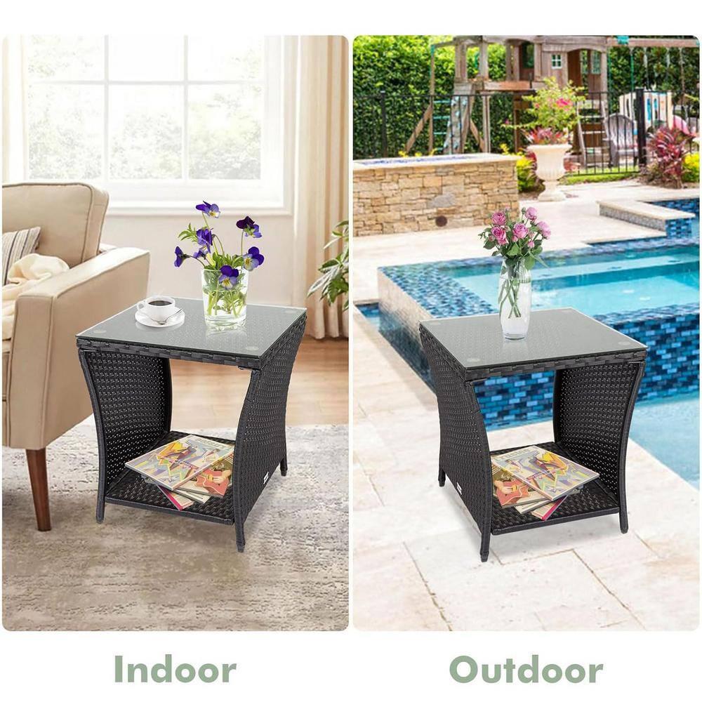 Kinbor Wicker Porch Square Side Table With Storage, Black