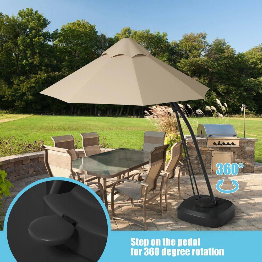 Canddidliike 11 Feet Outdoor Cantilever Hanging Umbrella with Base and Wheels-Tan, Patio Offset Umbrella with Easy Tilt Adjustment, Offset Hanging Umbrella, Sunshade Umbrella Canopy