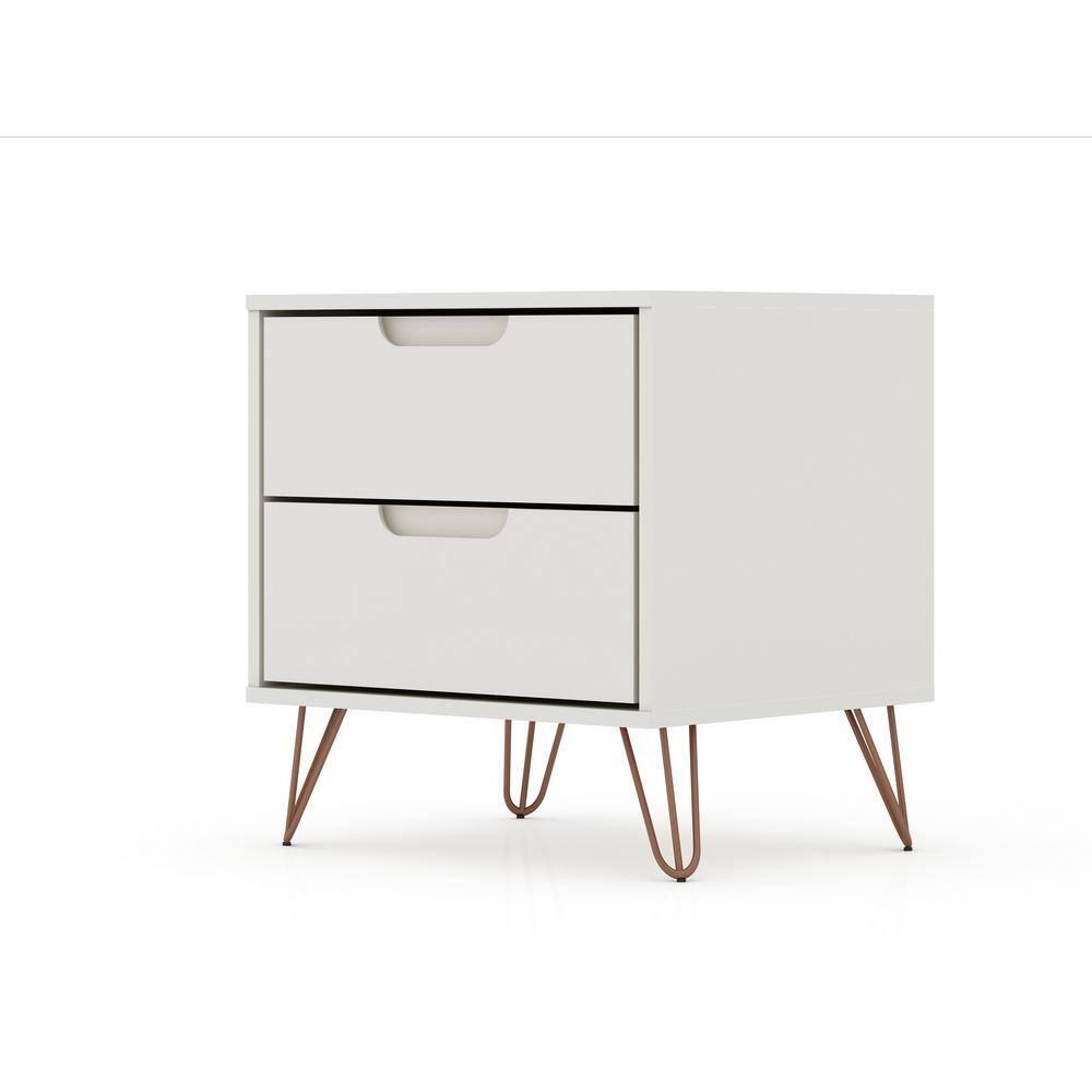 Set of 2 Rockefeller 2 Drawer Nightstands Off White - Manhattan Comfort: Modern Splayed Metal Legs, MDF