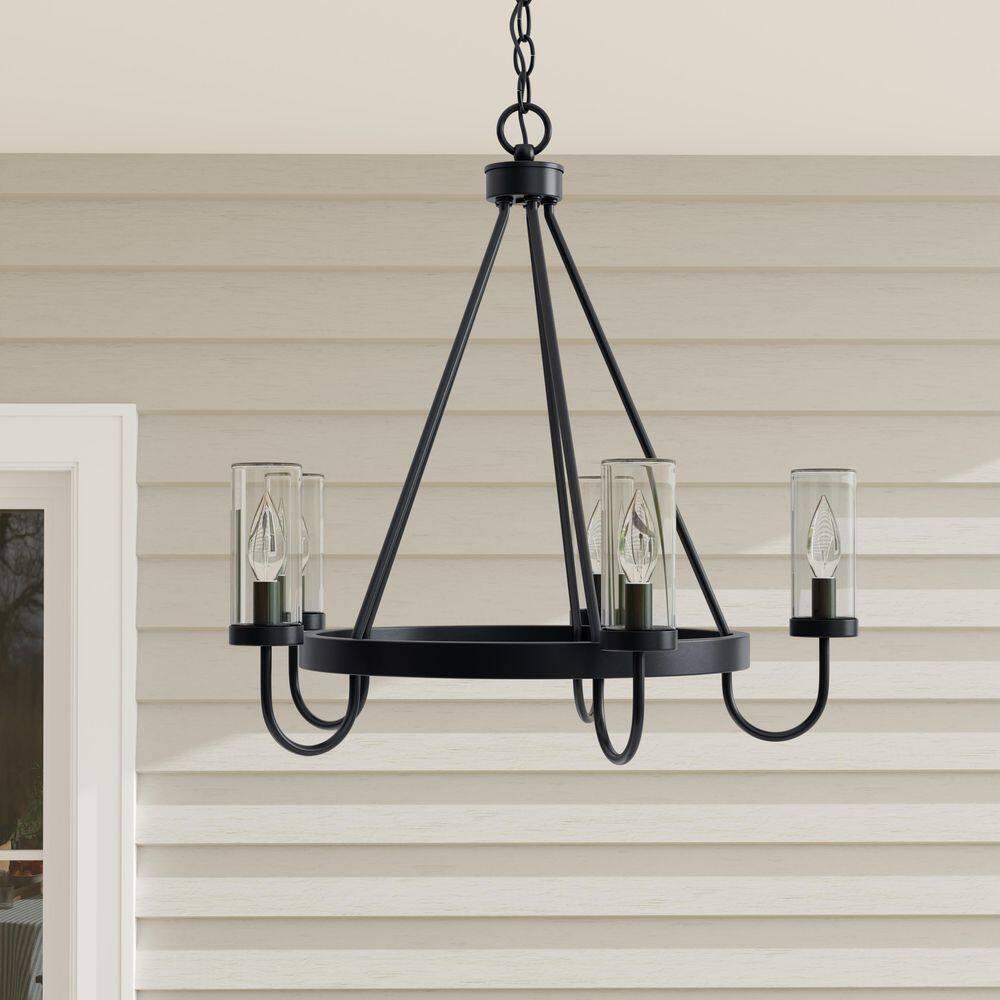Progress Lighting Swansea 5-Light Outdoor Living Round Chandelier, Matte Black, Clear Glass