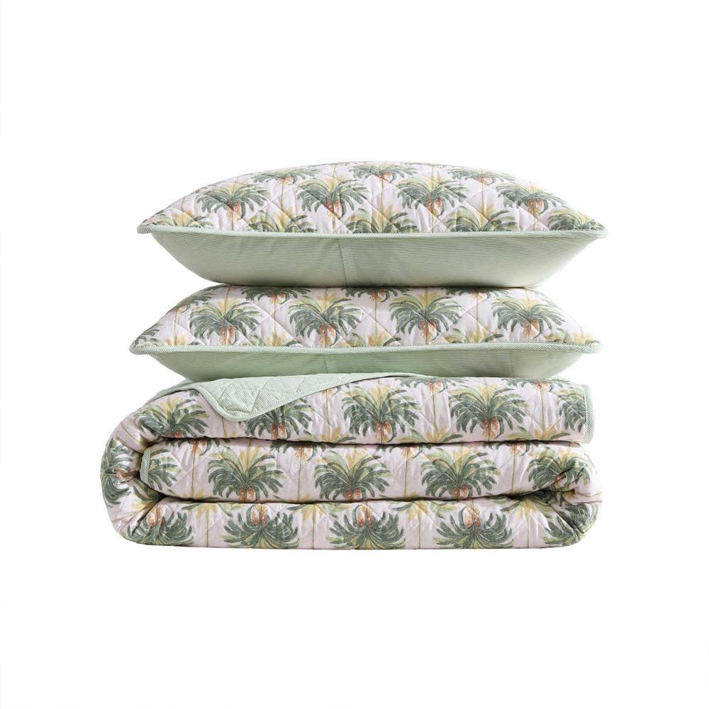 Santiago Pink King Cotton Reversible Quilt Set with Palm Tree Motif